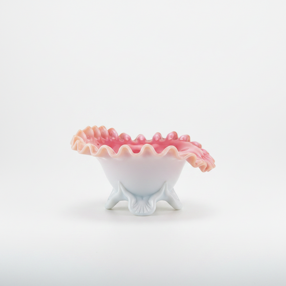 Vintage Fenton Pink Cased Glass Ruffled Pedestal Bowl - Three-Footed Shell Base|287254736601
