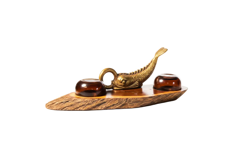 Vintage Australian Mulga Wood & Brass Fish Desk Inkwell Stand|286945615801