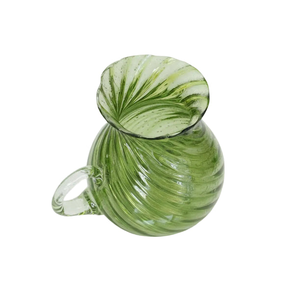 Vintage MCM Green Art Glass Pitcher - Hand Blown Optic Swirl Ribbed - Chartreuse|286884793100