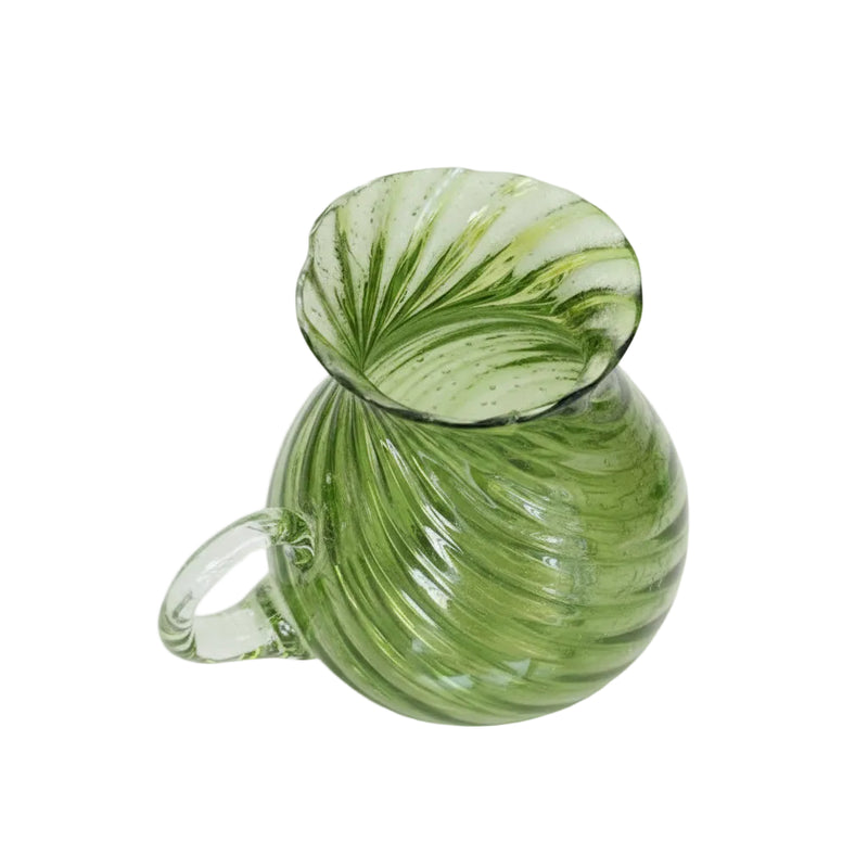 Vintage MCM Green Art Glass Pitcher - Hand Blown Optic Swirl Ribbed - Chartreuse|286884793100