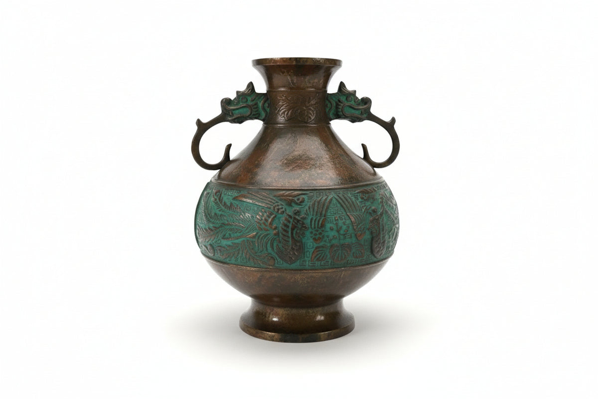 Vintage Japanese Bronze Commemorative Vase Dragon Handles & Phoenix Relief|286963894072