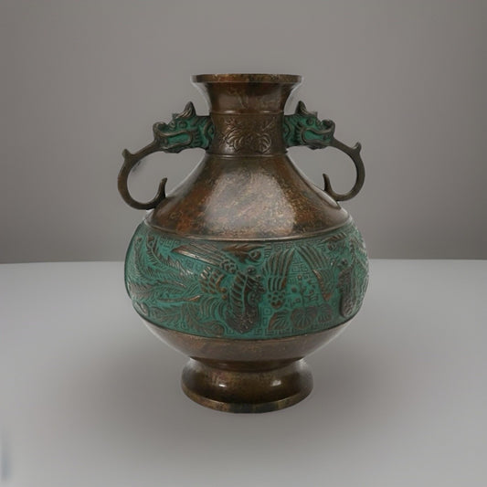 Vintage Japanese Bronze Commemorative Vase Dragon Handles & Phoenix Relief|286963894072