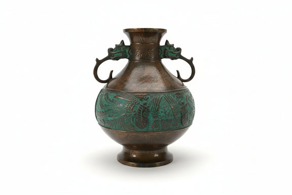 Vintage Japanese Bronze Commemorative Vase Dragon Handles & Phoenix Relief|286963894072