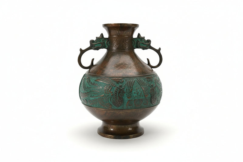 Vintage Japanese Bronze Commemorative Vase Dragon Handles & Phoenix Relief|286963894072