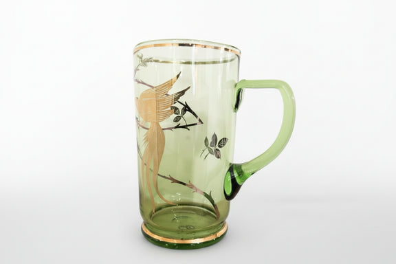 VINTAGE MCM Chartreuse Green Glass Pitcher & 3 Glasses Set With Gold Leaf|286957366204