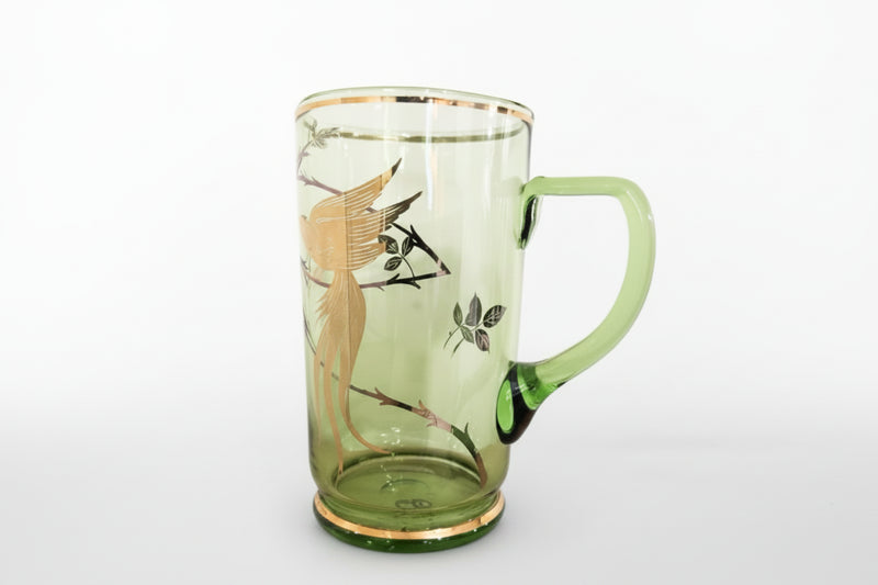 VINTAGE MCM Chartreuse Green Glass Pitcher & 3 Glasses Set With Gold Leaf|286957366204