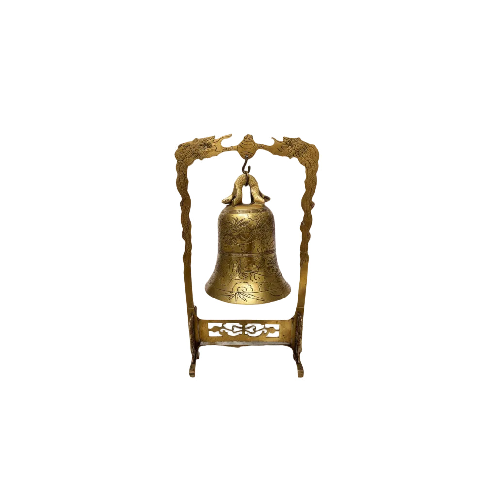 Vintage Brass Dragon Bell on Stand Ornate Asian Tabletop Gong Etched Feng Shui|286945807653