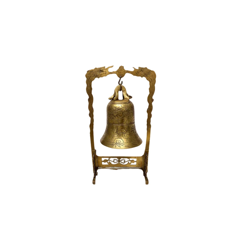 Vintage Brass Dragon Bell on Stand Ornate Asian Tabletop Gong Etched Feng Shui|286945807653