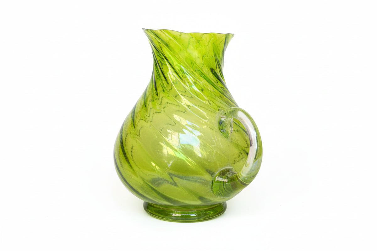 Vintage MCM Green Art Glass Pitcher - Hand Blown Optic Swirl Ribbed - Chartreuse|286884793100