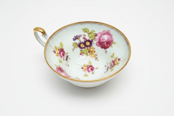 Vintage EB FOLEY Bone China England Cup & Saucer w/ PINK ROSES on Light Blue|286875558903
