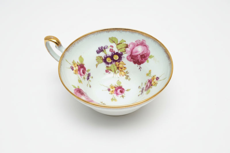 Vintage EB FOLEY Bone China England Cup & Saucer w/ PINK ROSES on Light Blue|286875558903