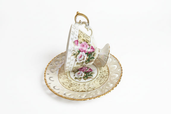 Vintage Iridescent Lusterware Hand-Painted Teacup & Saucer Set - Made in Japan|286958145464