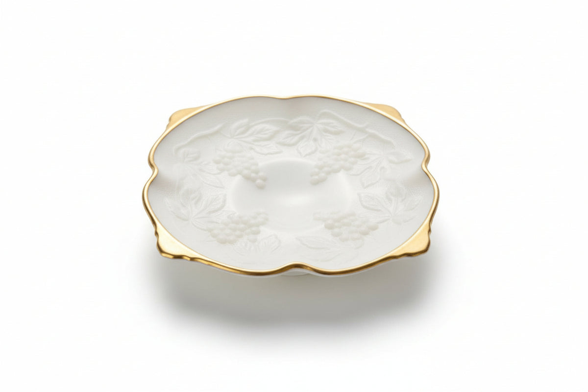 Anchor Hocking Serving Bowl White Milk Glass with Gold Trim - Grapes and Leaves|286995554007