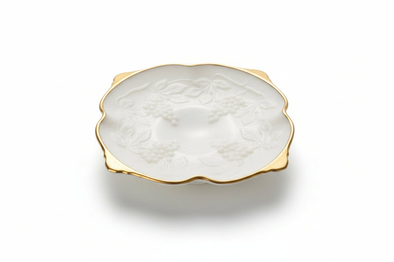 Anchor Hocking Serving Bowl White Milk Glass with Gold Trim - Grapes and Leaves|286995554007