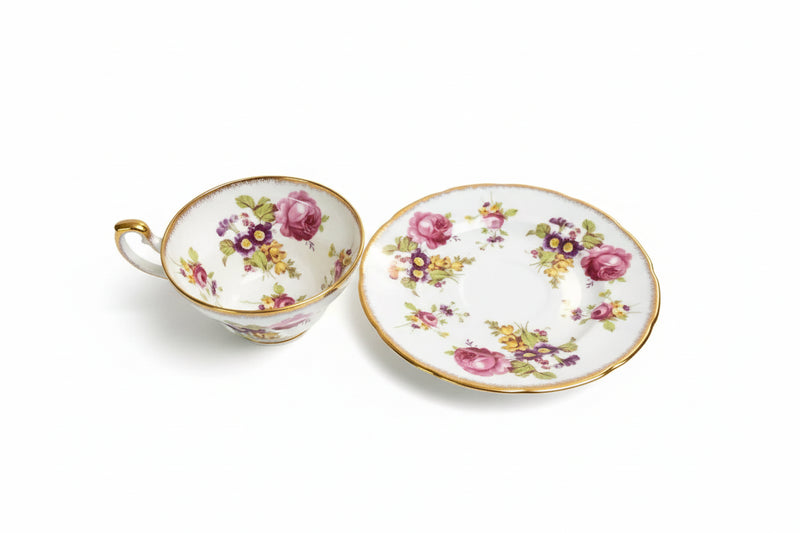 Vintage EB FOLEY Bone China England Cup & Saucer w/ PINK ROSES on Light Blue|286875558903