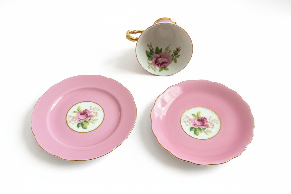 Vintage Saji Japan Tea Trio Cup Saucer Plate | Pink Rose Floral Gold Trim 10278|286882877887