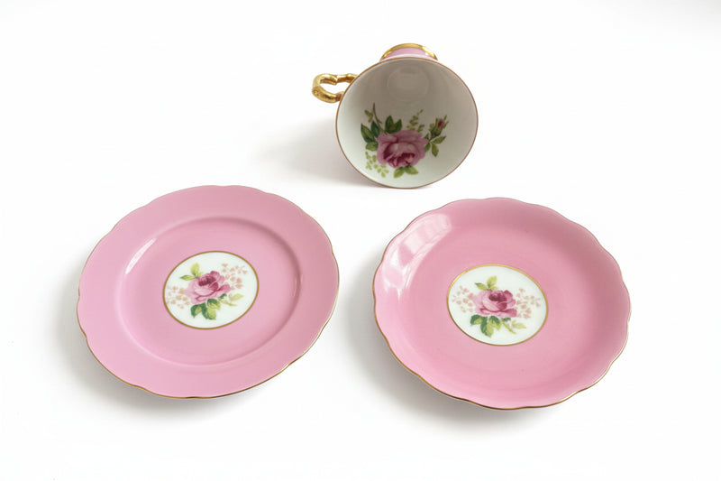 Vintage Saji Japan Tea Trio Cup Saucer Plate | Pink Rose Floral Gold Trim 10278|286882877887