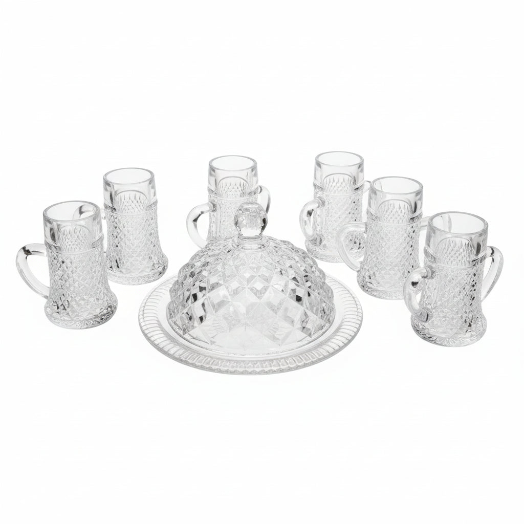 Vintage Diamond Cut Covered Butter Dish, Handled Mini Mugs Steins Pressed Glass|286958228825
