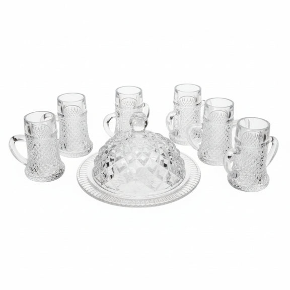 Vintage Diamond Cut Covered Butter Dish, Handled Mini Mugs Steins Pressed Glass|286958228825