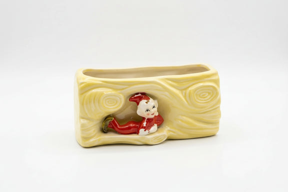 Vintage Pixie Elf Log Planter- Yellow Ceramic Woodland Figurine 1950s Kitsch|286880478094