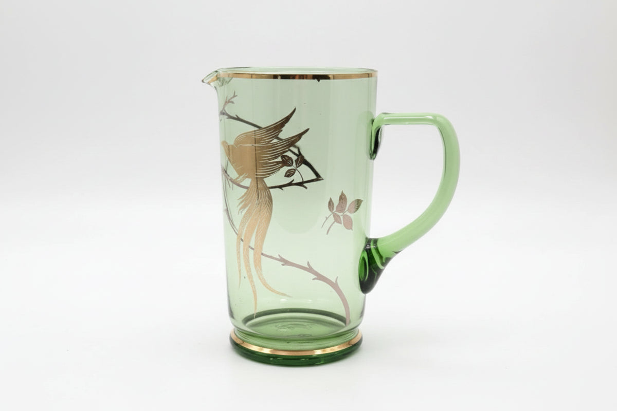 VINTAGE MCM Chartreuse Green Glass Pitcher & 3 Glasses Set With Gold Leaf|286957366204