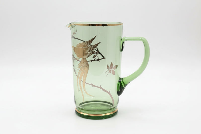 VINTAGE MCM Chartreuse Green Glass Pitcher & 3 Glasses Set With Gold Leaf|286957366204