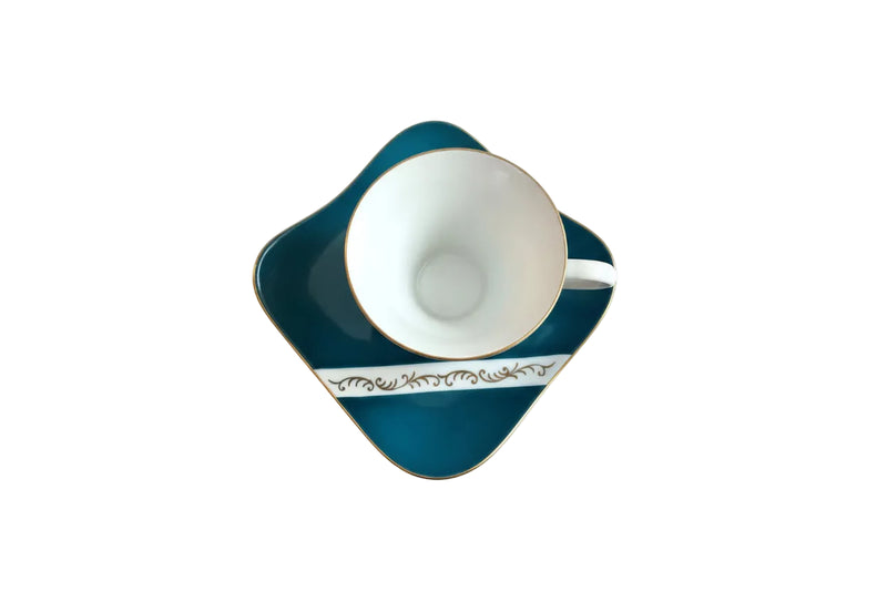 Vintage Mid Century Modern Teacup & Saucer Teal Gold Atomic Asymmetrical Japan|286895249087