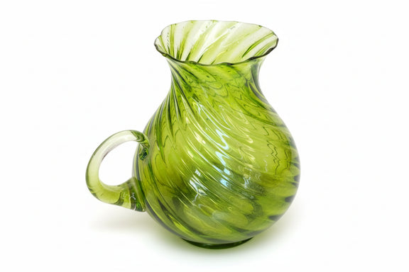 Vintage MCM Green Art Glass Pitcher - Hand Blown Optic Swirl Ribbed - Chartreuse|286884793100