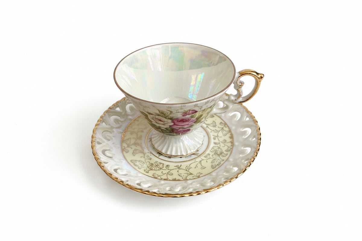 Vintage Iridescent Lusterware Hand-Painted Teacup & Saucer Set - Made in Japan|286958145464