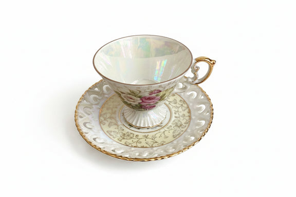 Vintage Iridescent Lusterware Hand-Painted Teacup & Saucer Set - Made in Japan|286958145464