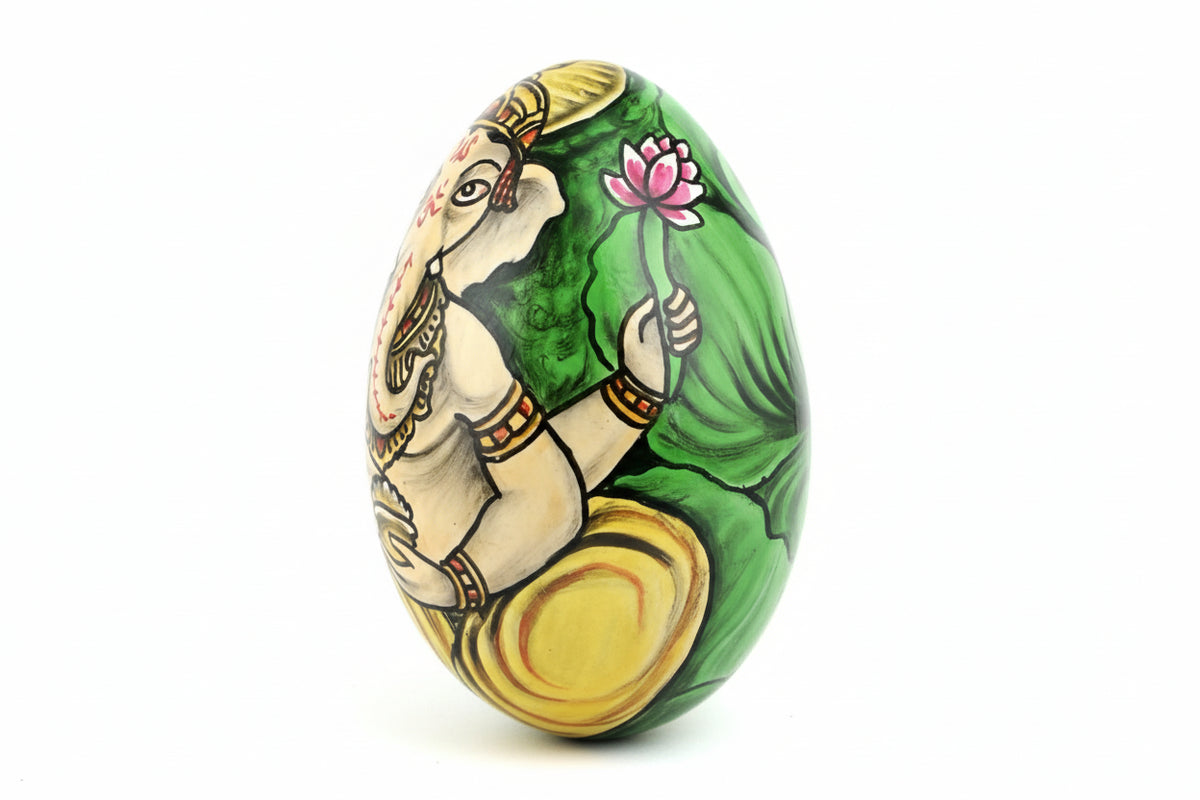 Hand-Painted Ostrich/Goose Egg: Lord Ganesha & Swan/Lotus Art|286918279942