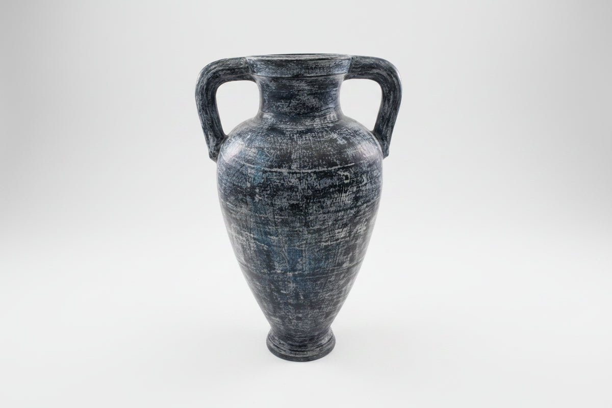 Heavy Terracotta Amphora Style Floor Vase - Blue & White Distressed Finish|286985649892