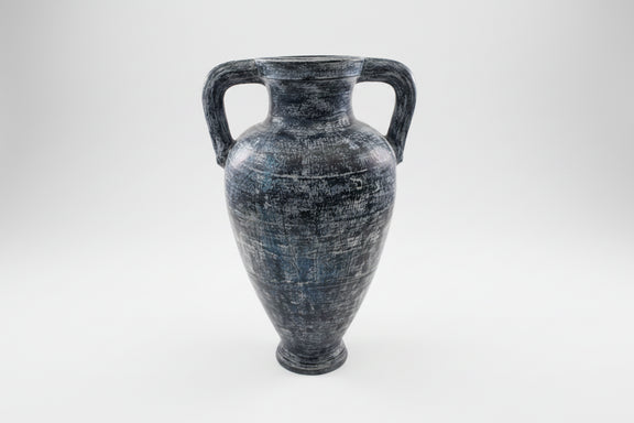 Heavy Terracotta Amphora Style Floor Vase - Blue & White Distressed Finish|286985649892