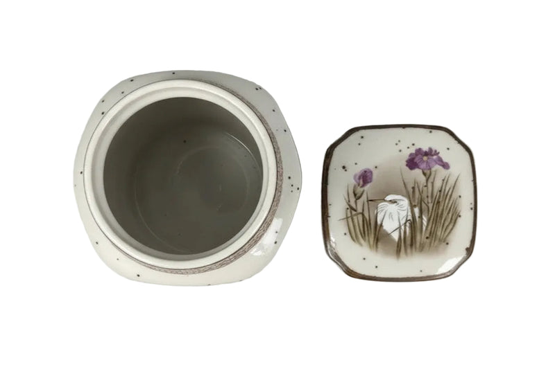 Vintage Japanese Stoneware Ginger Jar with Lid - Hand Painted Heron & Iris Motif|287067661760