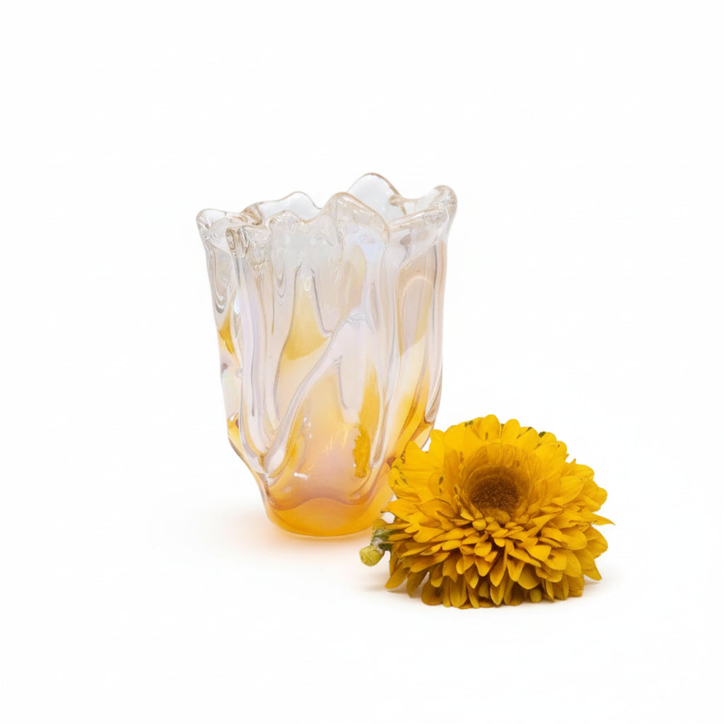 Heavy Murano Style Art Glass Vase Amber White Ruffle Handkerchief|286911224385