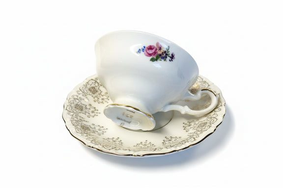 Vintage ALKA BAVARIA Teacup & Saucer Set - Gold Filigree & Rose|286920195992