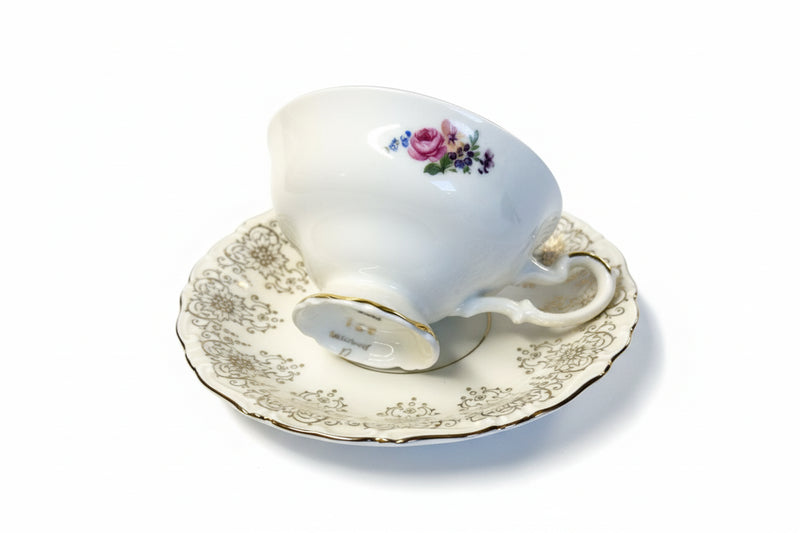 Vintage ALKA BAVARIA Teacup & Saucer Set - Gold Filigree & Rose|286920195992