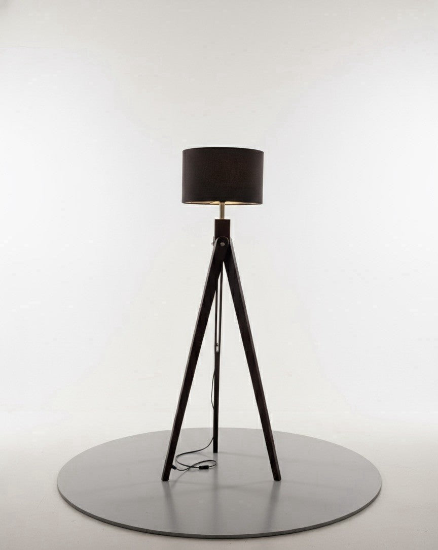 Dark Wood Tripod Floor Lamp with Black Drum Shade - Modern Mid-Century Style|286969347785