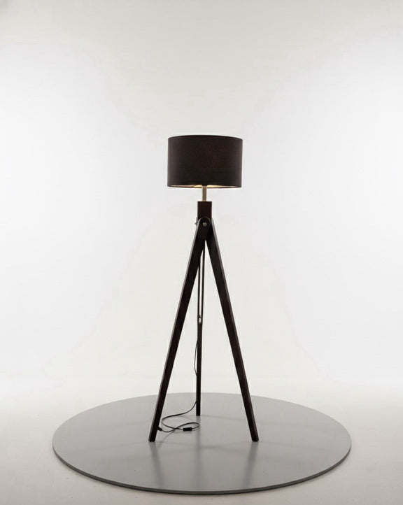 Dark Wood Tripod Floor Lamp with Black Drum Shade - Modern Mid-Century Style|286969347785