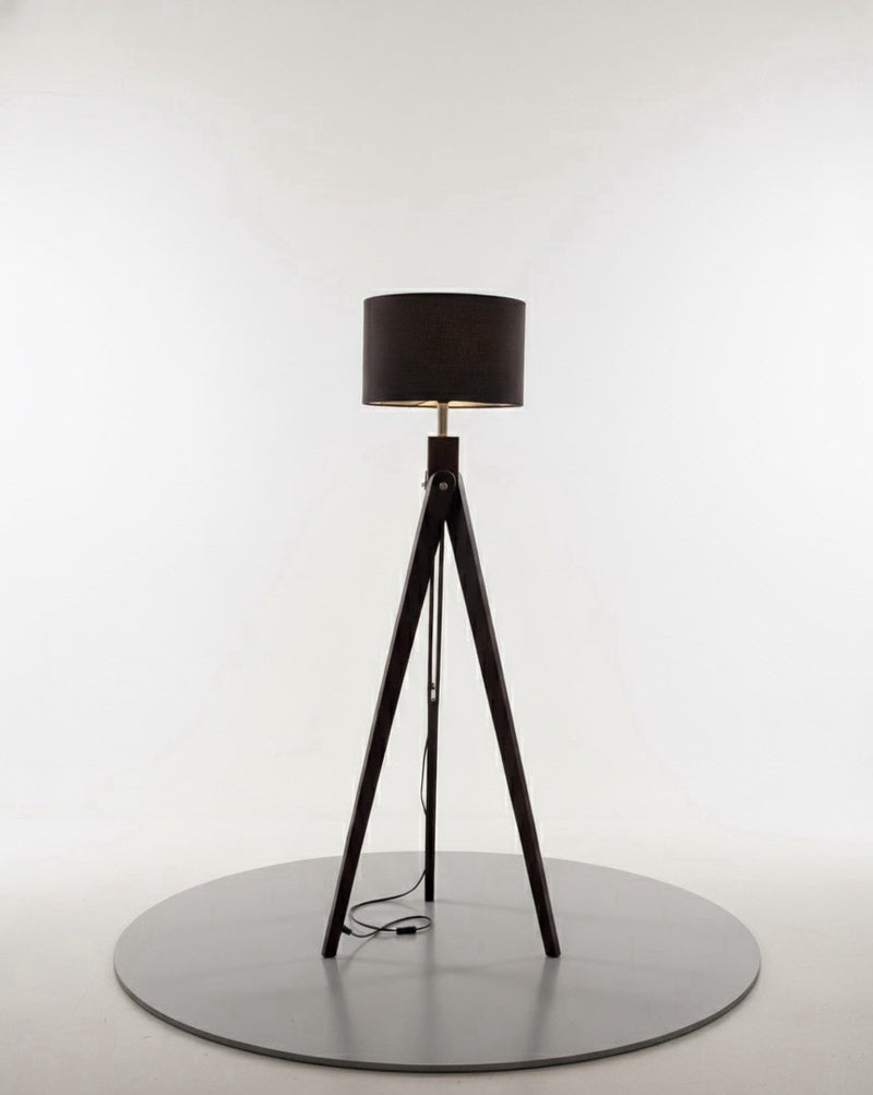 Dark Wood Tripod Floor Lamp with Black Drum Shade - Modern Mid-Century Style|286969347785