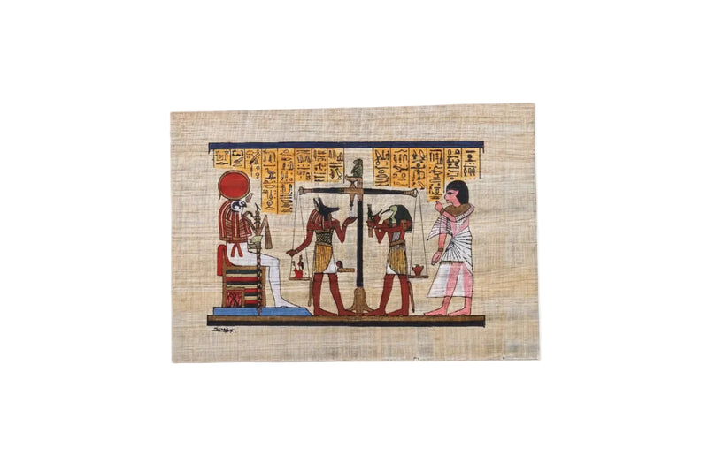 Hand-Painted Egyptian Papyrus Art - Weighing of the Heart Scene - Framed 8x10|287254972872