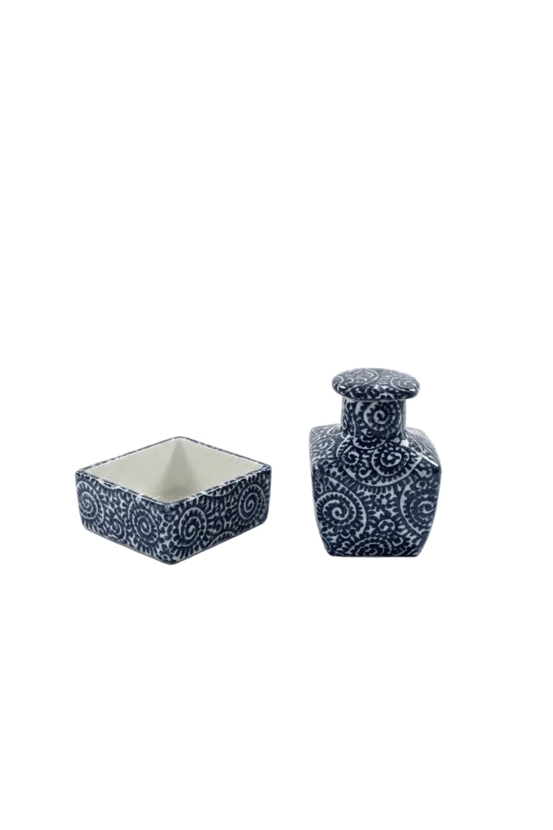 Vintage Japanese Arita Binzen Porcelain Inkwell & Tray Set, Blue & White Tako|286917112021