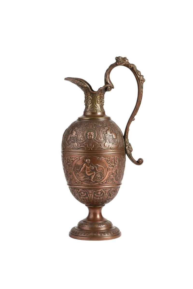Antique Ornate Repoussé Copper & Brass Ewer Pitcher Jug Figural Decor 1.6kg|286941517379
