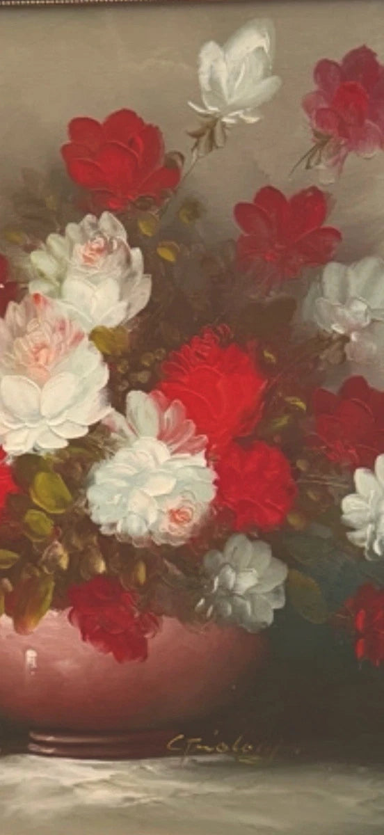 Still Life Oil Painting of Red and White Flowers in a Vase|286968477187