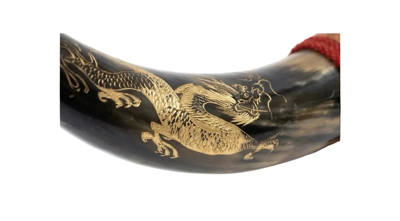 Vintage Hand-Carved Water Buffalo Horn Sculpture - Gold Dragon Etched - Folk Art|287263589202
