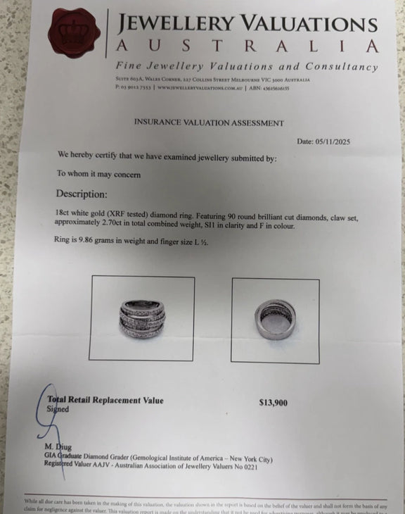 18CT White Gold Diamond Statement Ring -  Diamond 2.70CT, Gold Total Weight 9.86|286958758833