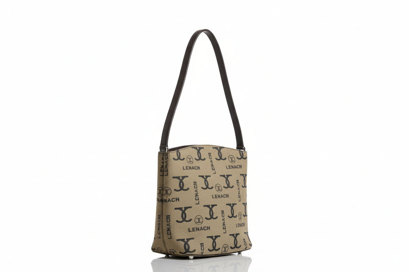 Vintage Lenach Monogram Canvas Shoulder Bag Crossbody Brown Khaki Small Purse|286845278007
