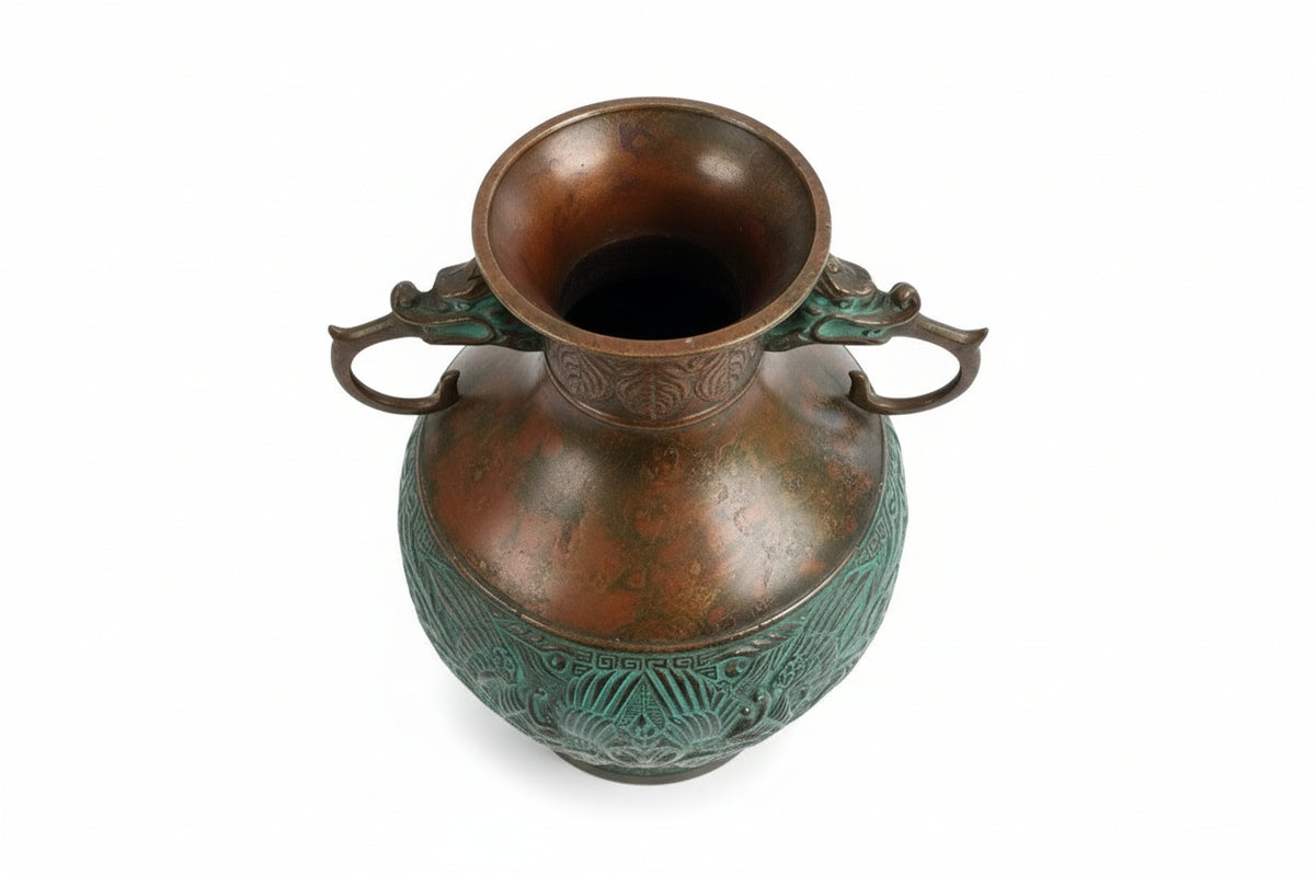 Vintage Japanese Bronze Commemorative Vase Dragon Handles & Phoenix Relief|286963894072
