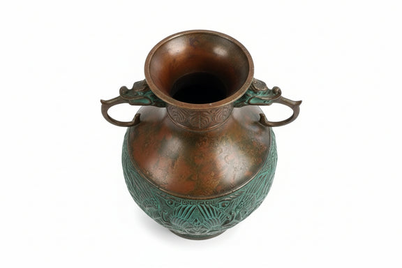 Vintage Japanese Bronze Commemorative Vase Dragon Handles & Phoenix Relief|286963894072
