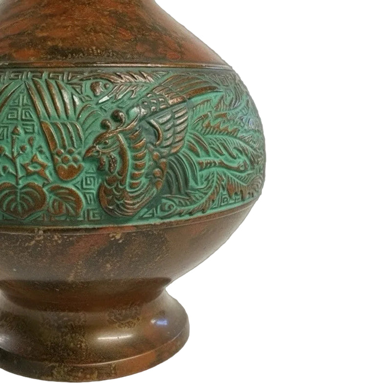 Vintage Japanese Bronze Commemorative Vase Dragon Handles & Phoenix Relief|286963894072